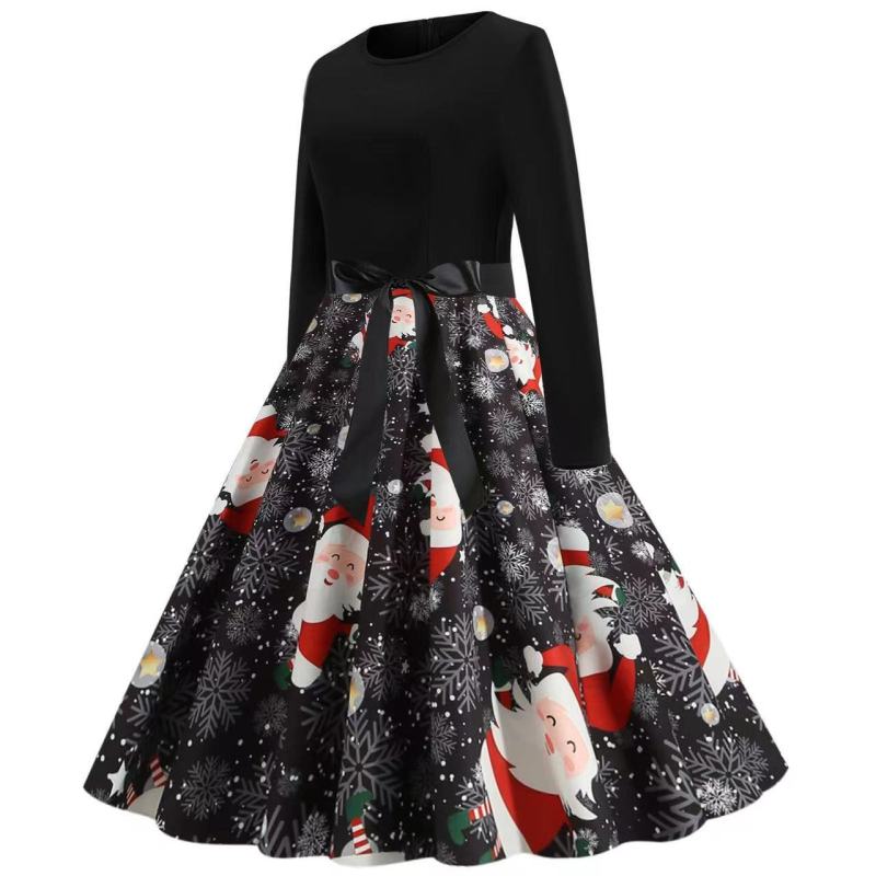 Christmas long-sleeved slim round neck printed dress