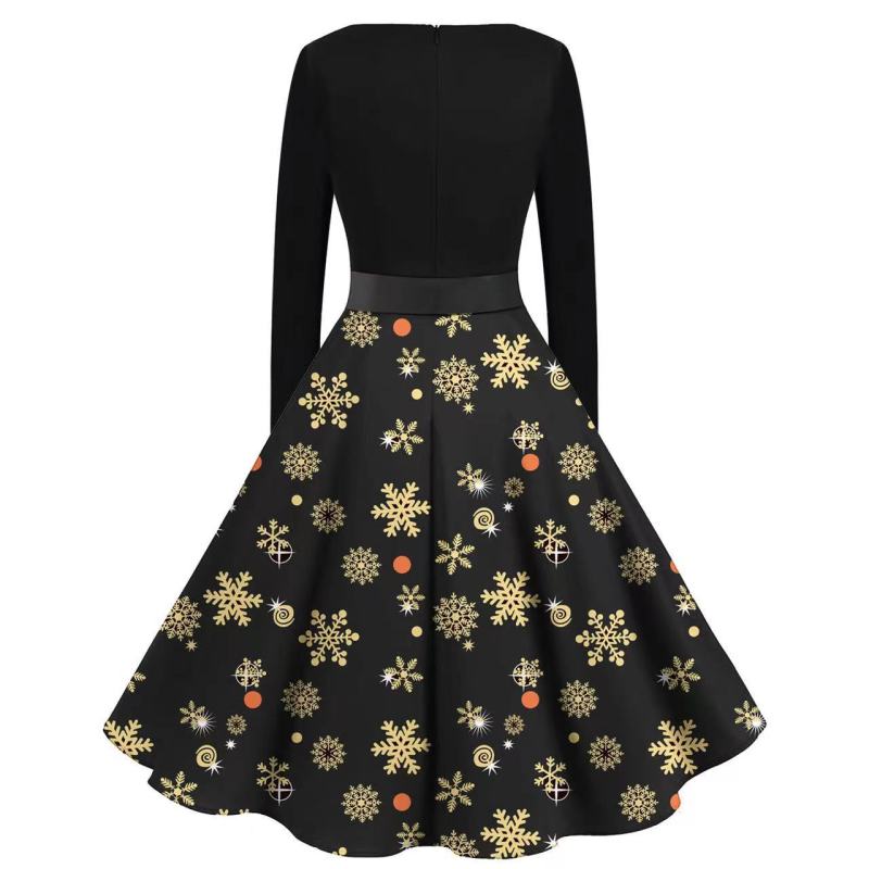 Christmas long-sleeved slim round neck printed dress