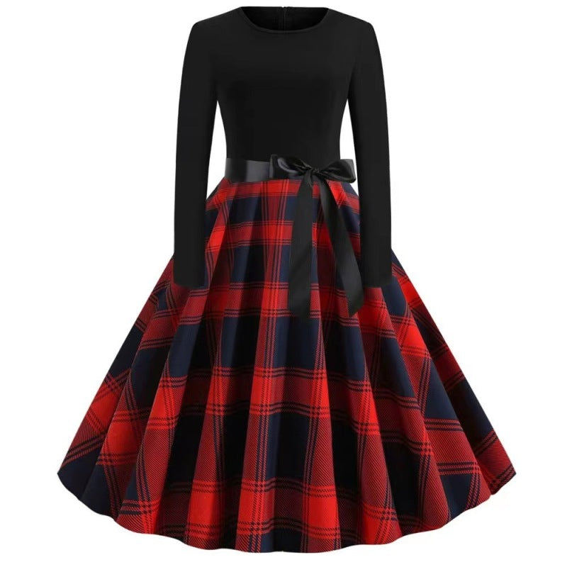 Christmas long-sleeved slim round neck printed dress