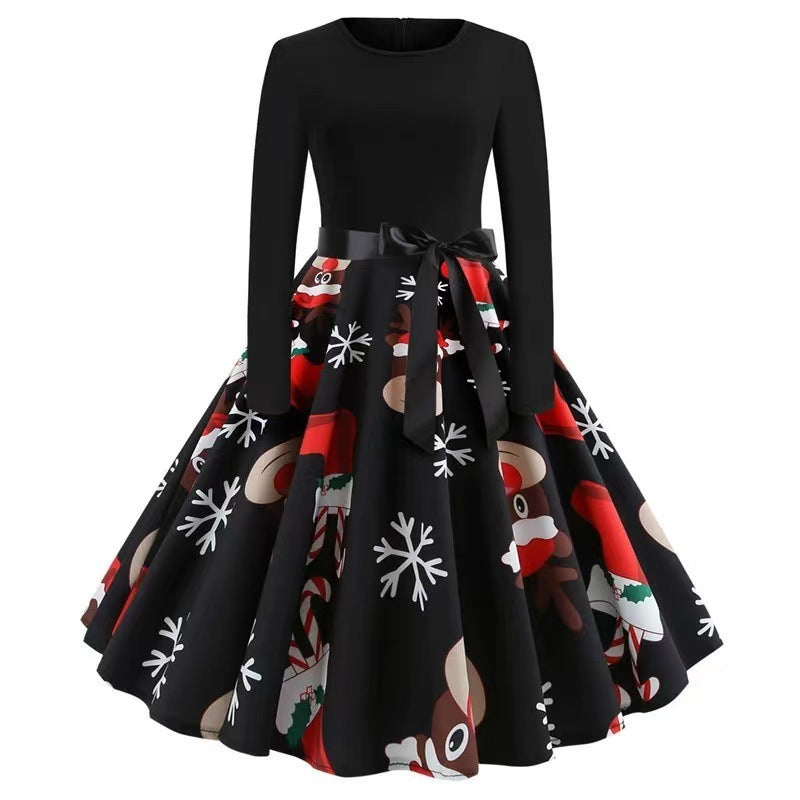 Christmas long-sleeved slim round neck printed dress