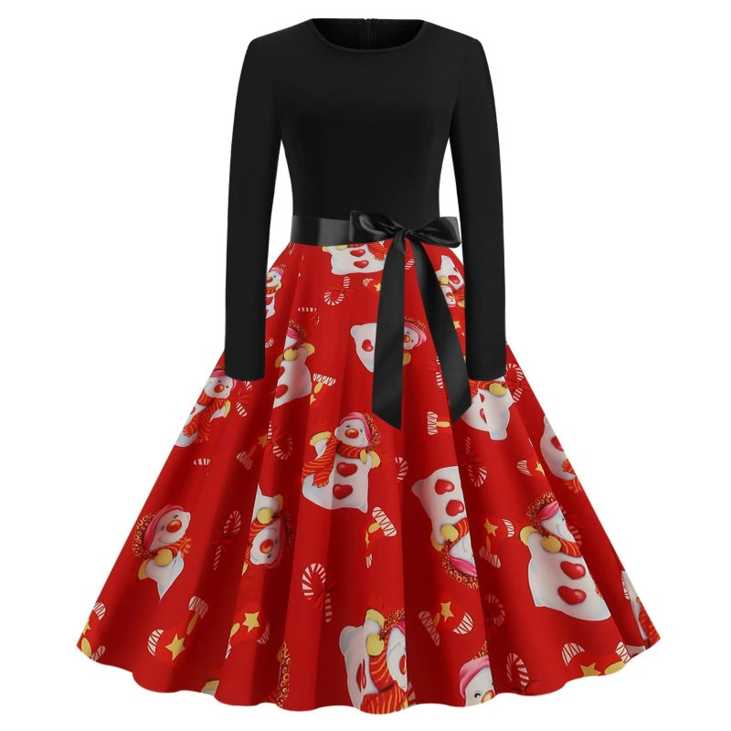 Christmas long-sleeved slim round neck printed dress