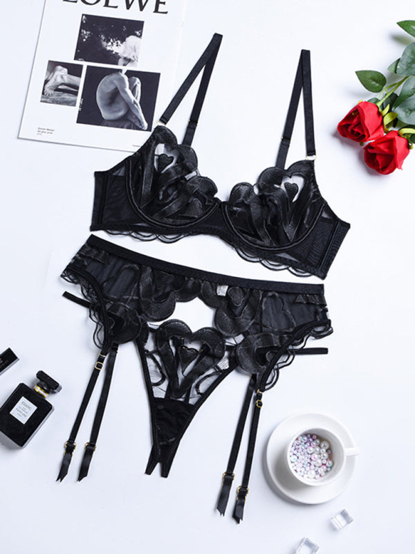 Women's Solid Embroidered Lace Mesh Sexy Lingerie Three-piece Set