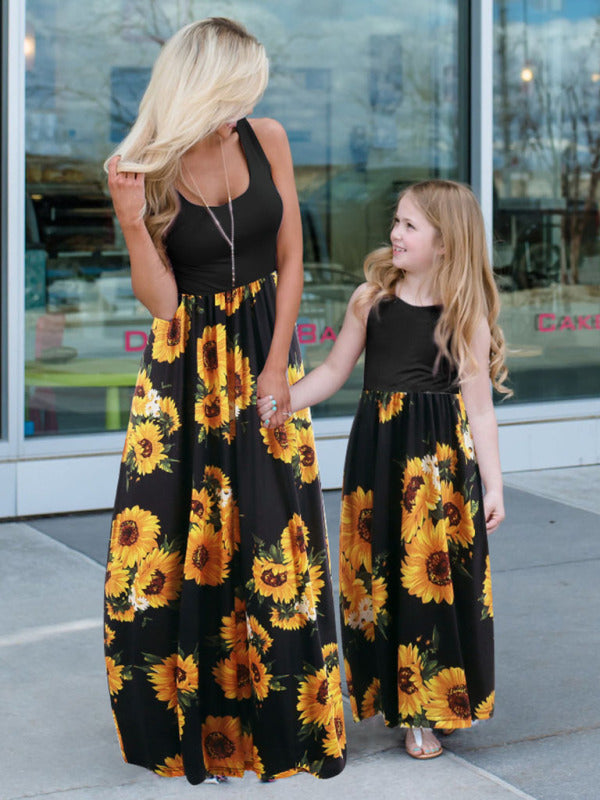 Kid's Mixed Media Tank Floral Print Mother-Daughter Dress