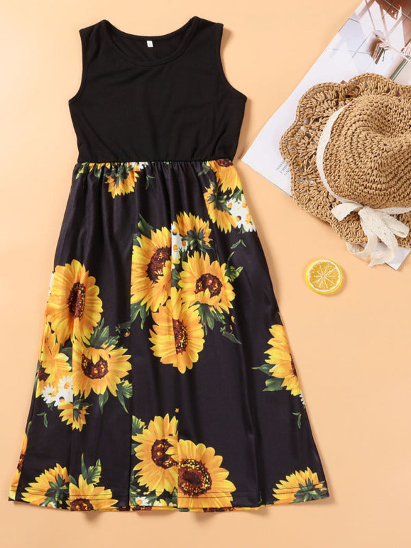 Kid's Mixed Media Tank Floral Print Mother-Daughter Dress