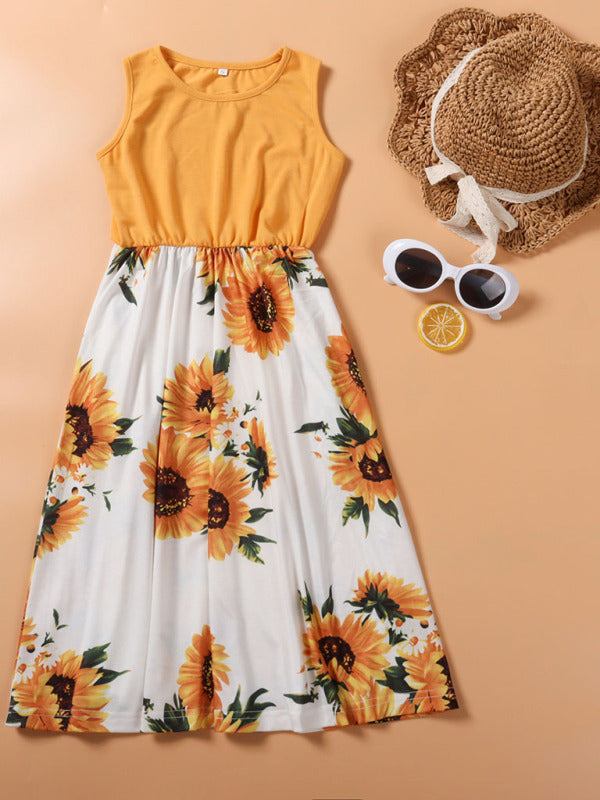 Kid's Mixed Media Tank Floral Print Mother-Daughter Dress