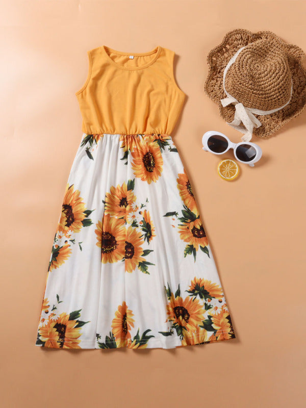 Kid's Mixed Media Tank Floral Print Mother-Daughter Dress
