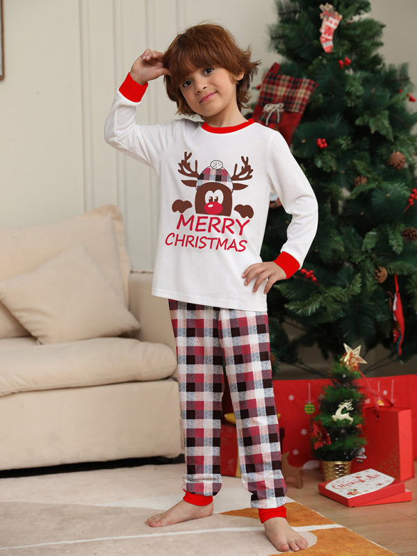 Deer head letter print Christmas parent-child plaid long-sleeved home clothes two-piece set