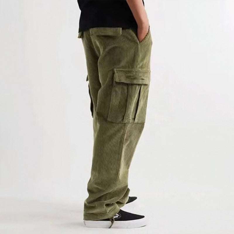 Corduroy multi-pocket straight trousers men's sweeping pants men's casual loose trousers