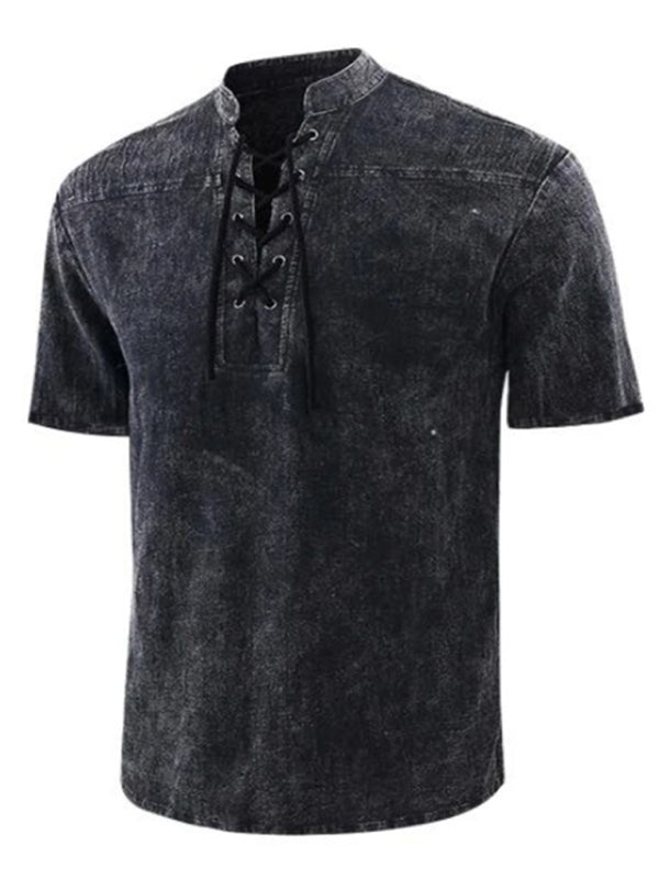Men's Solid Color Lace Up Woven Short Sleeve Top