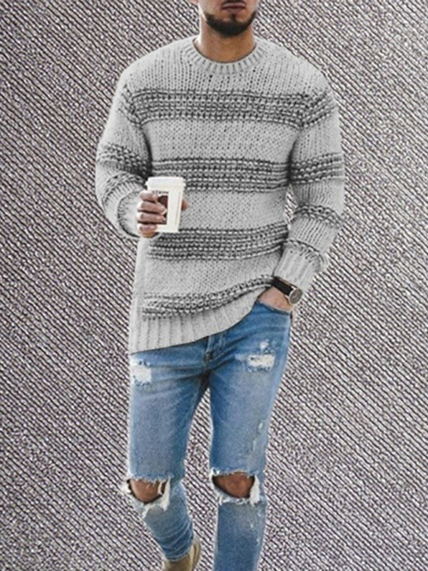 Men's fitted striped round neck long sleeve knitted sweater