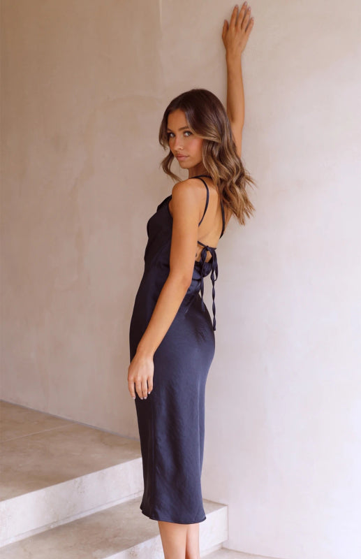Women's Tie Back Slim Fit Fashion Mid Length Dress Dress