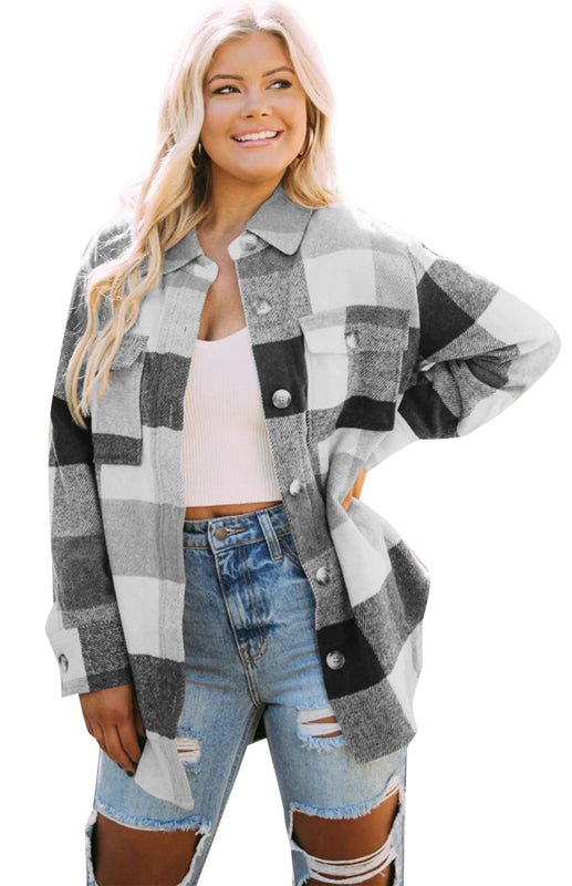 Women’s Thick Square Plaid Print Button Up Overcoat With Front Chest Pockets