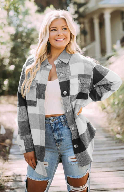 Women’s Thick Square Plaid Print Button Up Overcoat With Front Chest Pockets