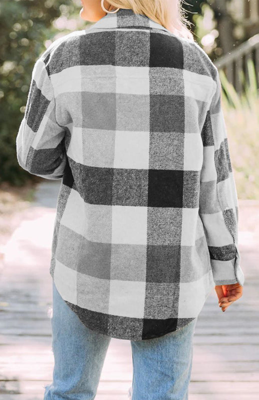 Women’s Thick Square Plaid Print Button Up Overcoat With Front Chest Pockets
