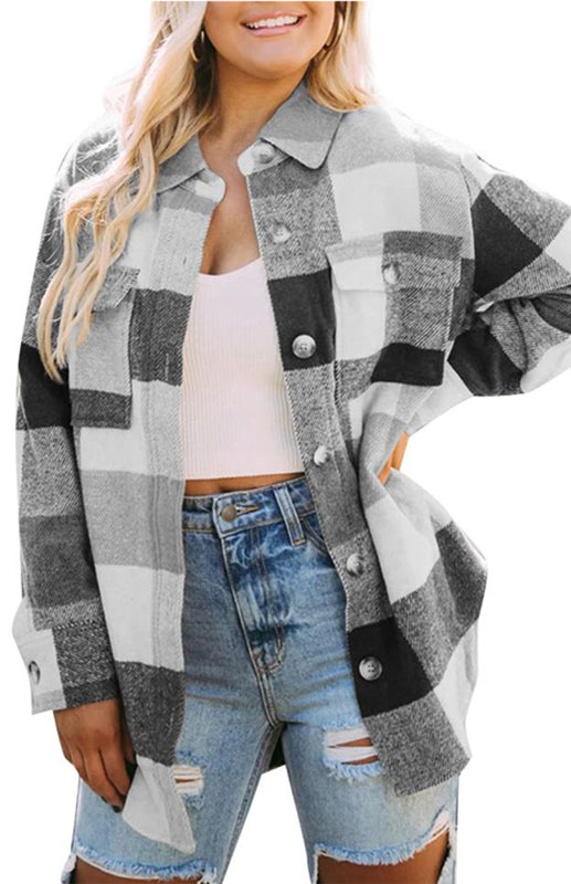 Women’s Thick Square Plaid Print Button Up Overcoat With Front Chest Pockets