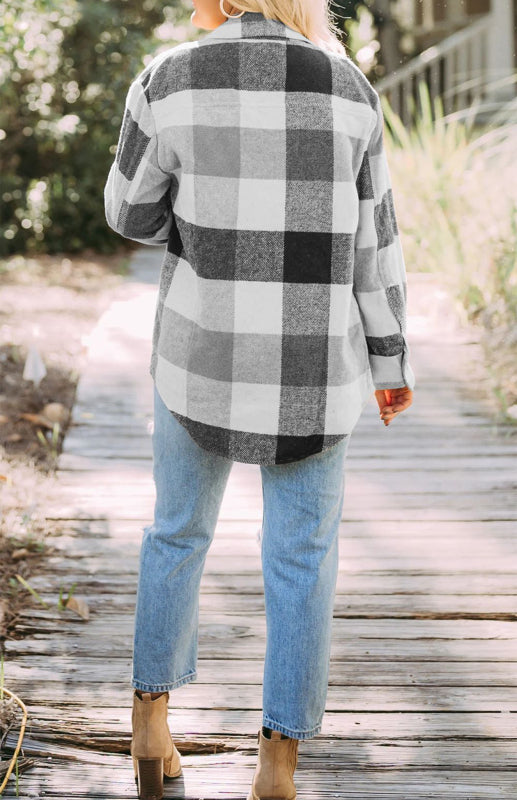 Women’s Thick Square Plaid Print Button Up Overcoat With Front Chest Pockets