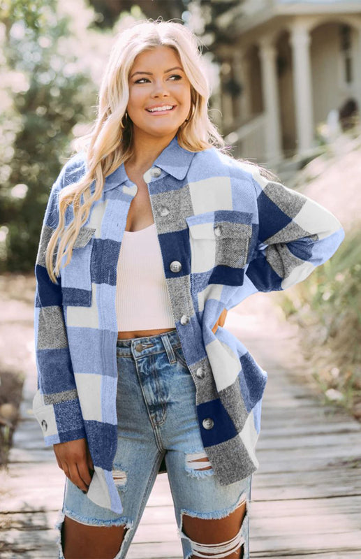 Women’s Thick Square Plaid Print Button Up Overcoat With Front Chest Pockets