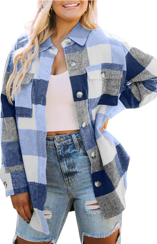Women’s Thick Square Plaid Print Button Up Overcoat With Front Chest Pockets
