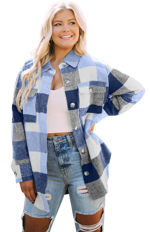 Women’s Thick Square Plaid Print Button Up Overcoat With Front Chest Pockets