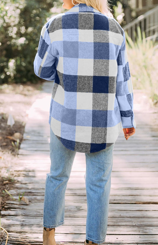 Women’s Thick Square Plaid Print Button Up Overcoat With Front Chest Pockets