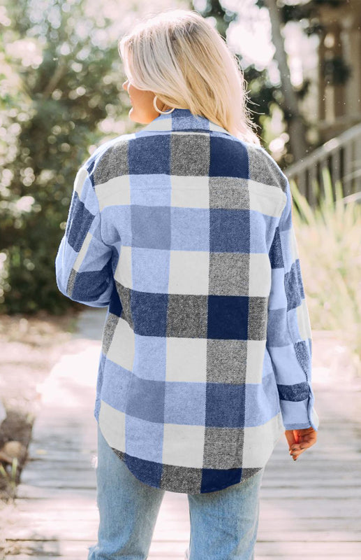 Women’s Thick Square Plaid Print Button Up Overcoat With Front Chest Pockets