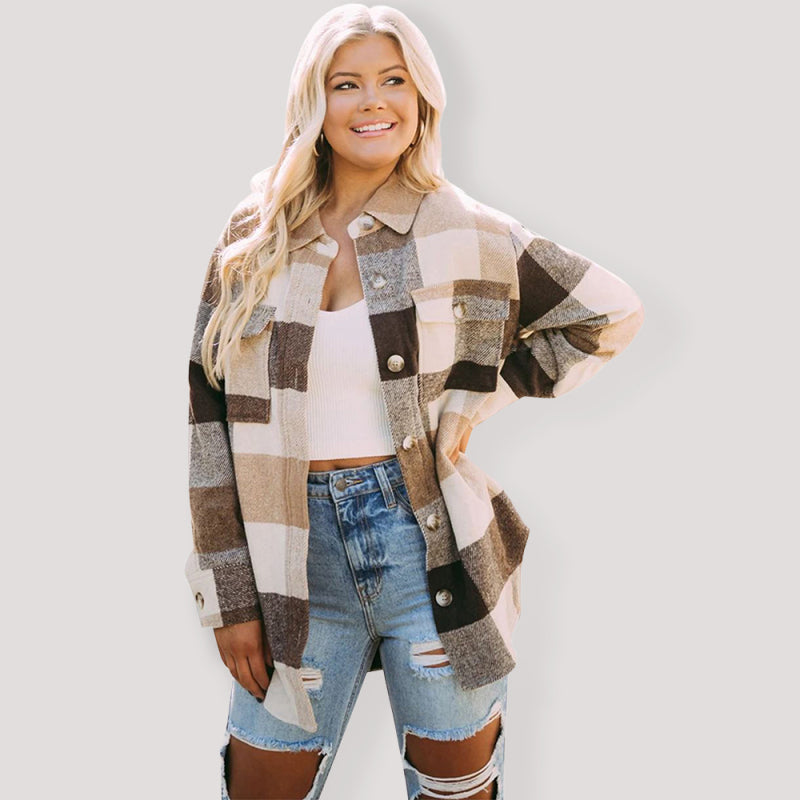 Women’s Thick Square Plaid Print Button Up Overcoat With Front Chest Pockets