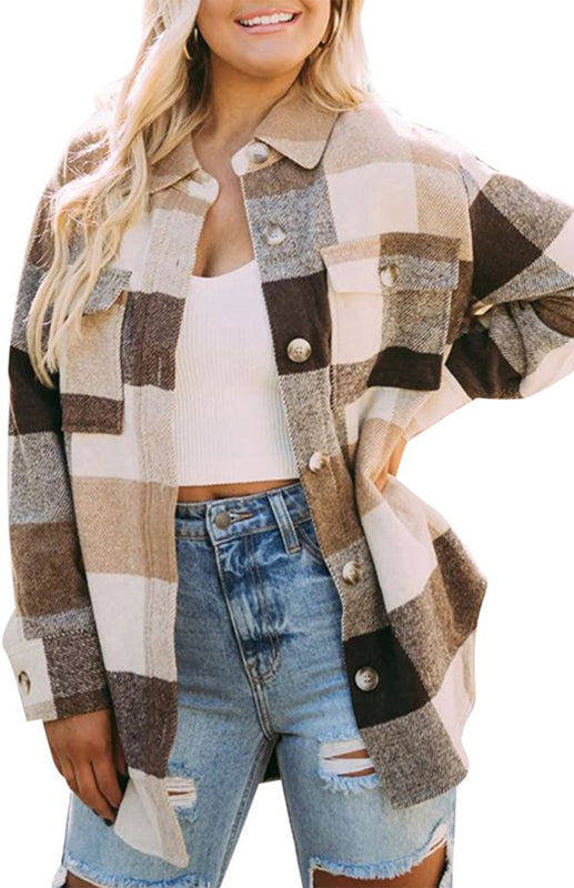 Women’s Thick Square Plaid Print Button Up Overcoat With Front Chest Pockets