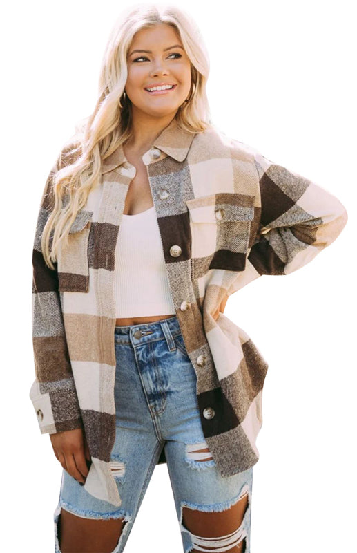 Women’s Thick Square Plaid Print Button Up Overcoat With Front Chest Pockets