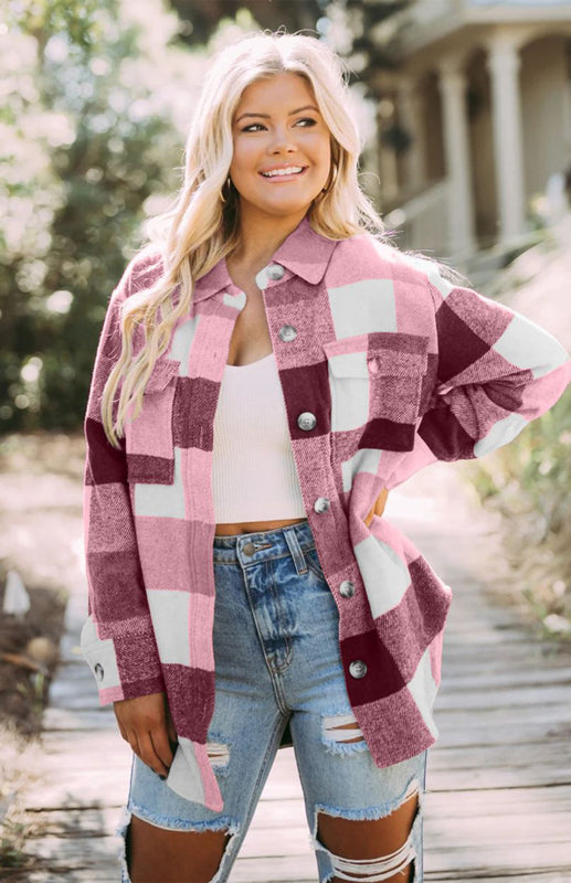Women’s Thick Square Plaid Print Button Up Overcoat With Front Chest Pockets