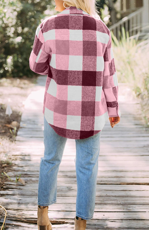 Women’s Thick Square Plaid Print Button Up Overcoat With Front Chest Pockets