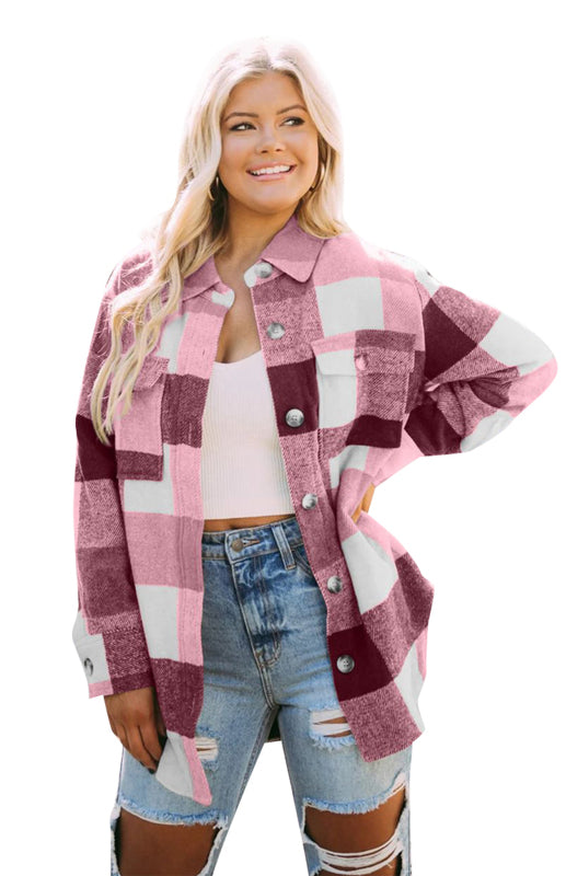 Women’s Thick Square Plaid Print Button Up Overcoat With Front Chest Pockets