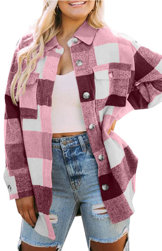 Women’s Thick Square Plaid Print Button Up Overcoat With Front Chest Pockets
