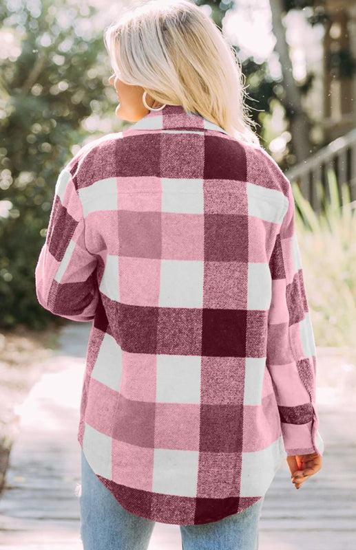 Women’s Thick Square Plaid Print Button Up Overcoat With Front Chest Pockets