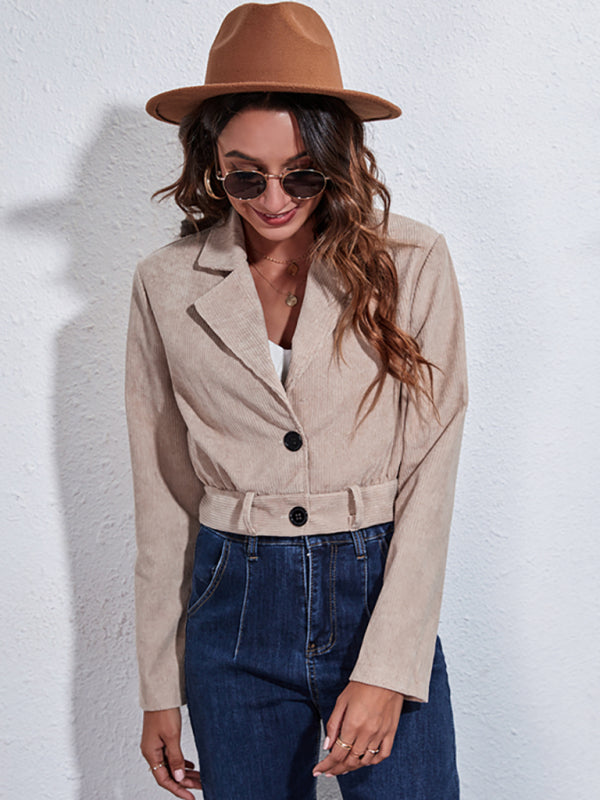 Women's suit collar corduroy jacket autumn winter long sleeve short coat