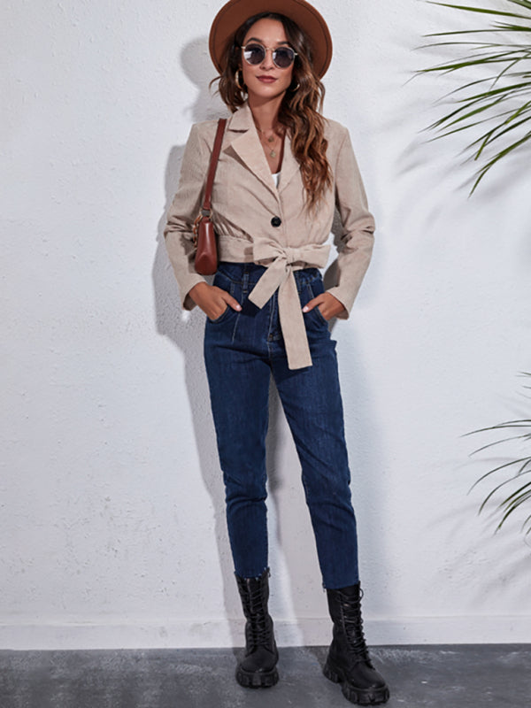 Women's suit collar corduroy jacket autumn winter long sleeve short coat