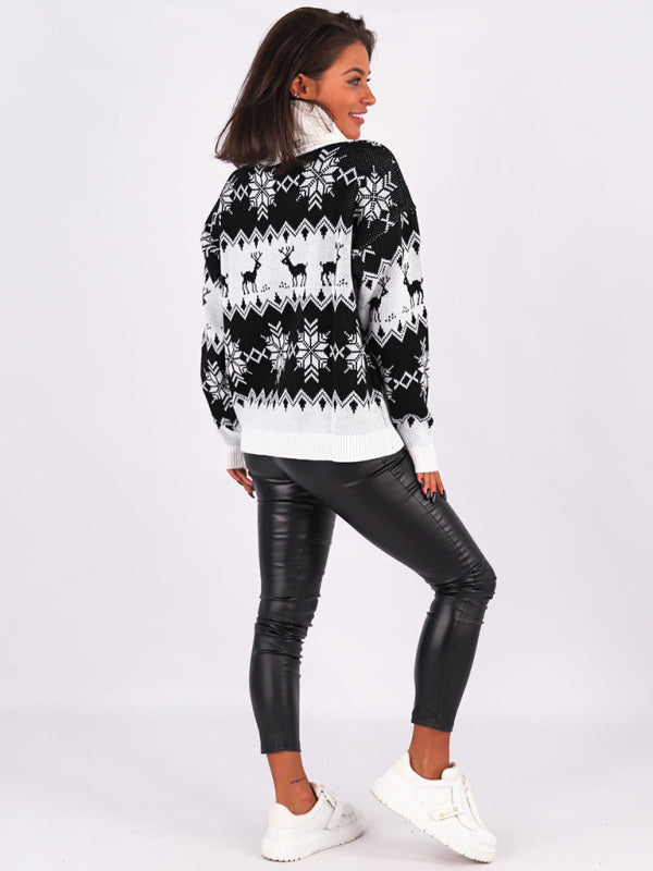 Women’s Stylish Baggy Knit Christmas Sweater With Tall Folded Turtleneck