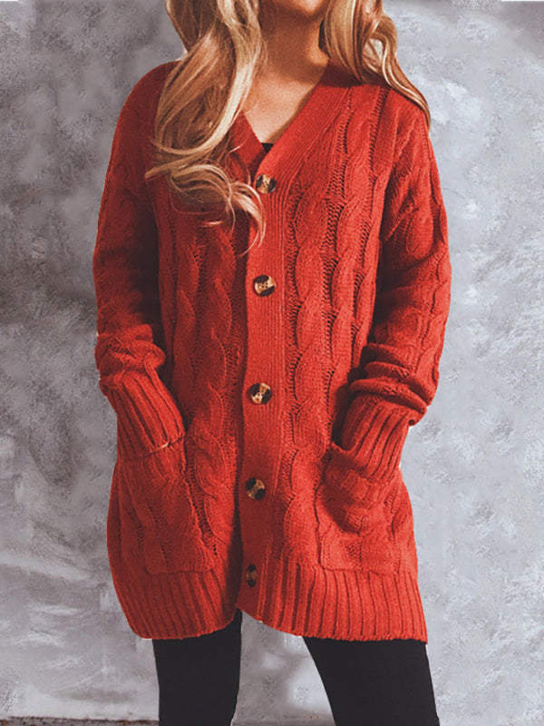 Women’s V Neckline Cable Knit With Button Front Closure With Pockets Cardigan