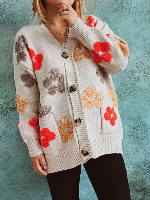 Women's Statement Textured Floral Button Up Cardigan With Front Pockets