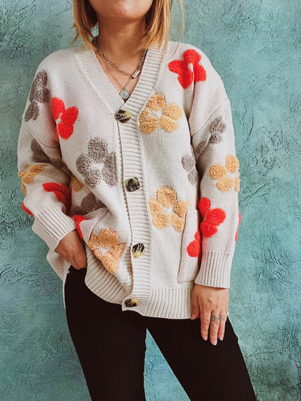 Women's Statement Textured Floral Button Up Cardigan With Front Pockets