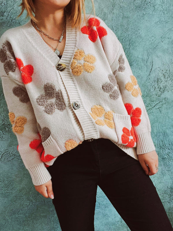 Women's Statement Textured Floral Button Up Cardigan With Front Pockets