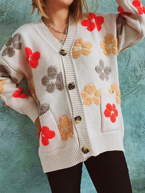 Women's Statement Textured Floral Button Up Cardigan With Front Pockets