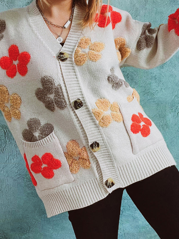 Women's Statement Textured Floral Button Up Cardigan With Front Pockets