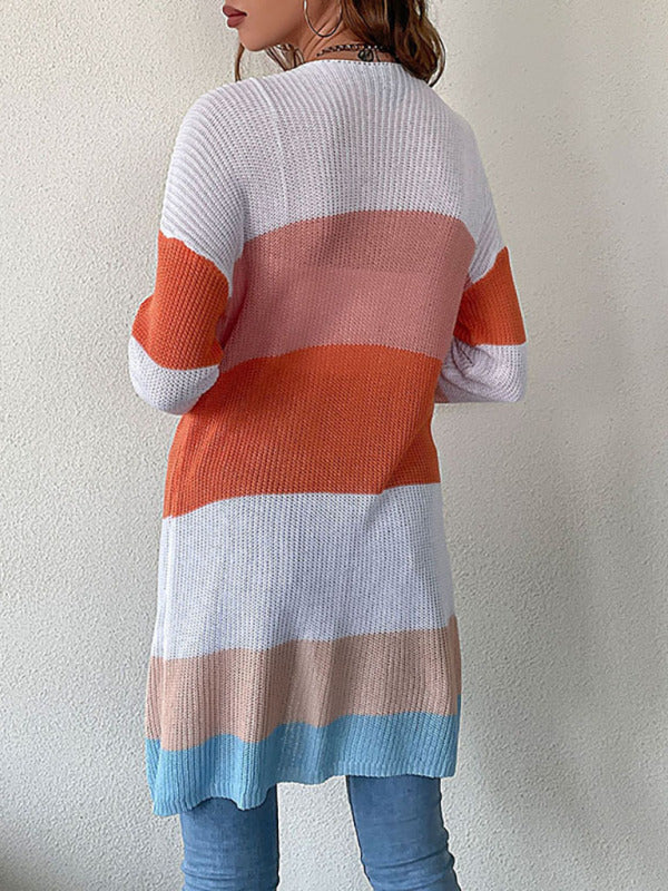 Women's Lightweight Ribbed Block Striped Cardigan With Front Pockets And Long Sleeves