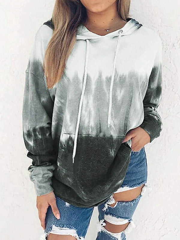 Women’s Drawstring Hood Hued Tie-dye Washes Kangaroo Pocket Hoodie