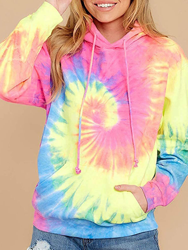 Women’s Drawstring Hood Hued Tie-dye Washes Kangaroo Pocket Hoodie