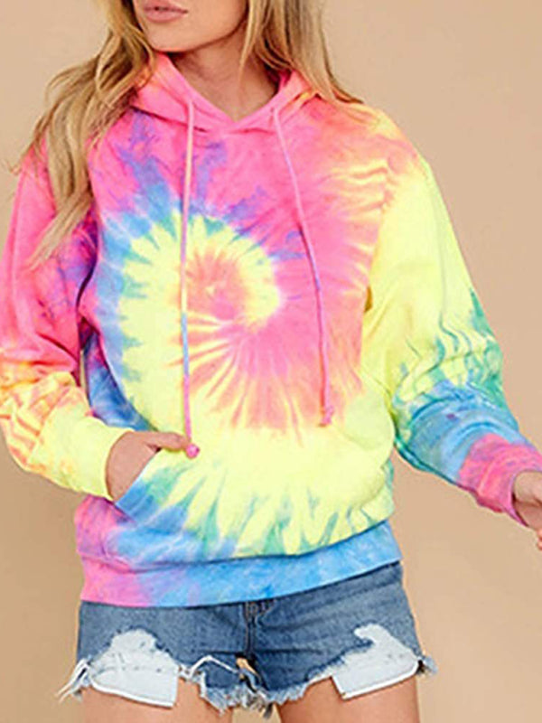 Women’s Drawstring Hood Hued Tie-dye Washes Kangaroo Pocket Hoodie