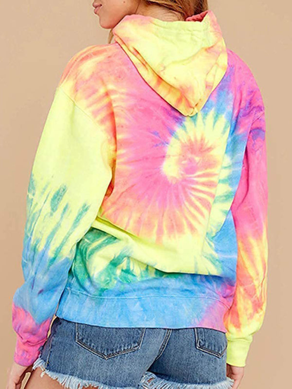 Women’s Drawstring Hood Hued Tie-dye Washes Kangaroo Pocket Hoodie