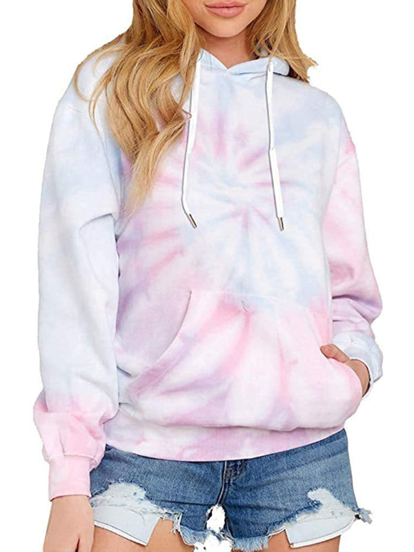 Women’s Drawstring Hood Hued Tie-dye Washes Kangaroo Pocket Hoodie