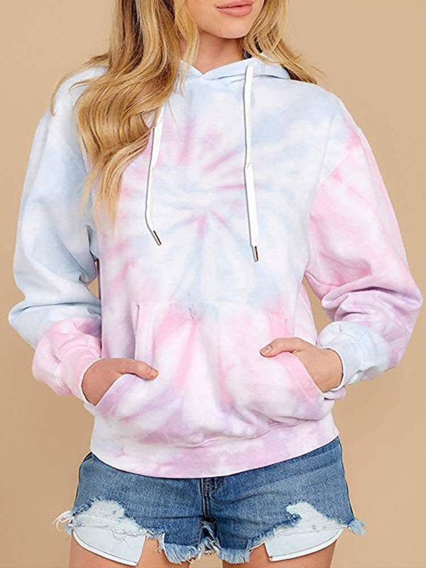 Women’s Drawstring Hood Hued Tie-dye Washes Kangaroo Pocket Hoodie