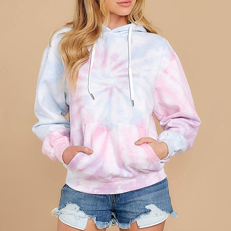 Women’s Drawstring Hood Hued Tie-dye Washes Kangaroo Pocket Hoodie